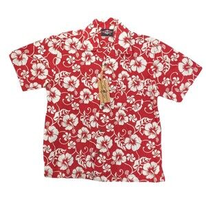 BEAR Surf Shirt Size Large Men Hawaiian Red White Floral Kona Aloha Camp Hawaii